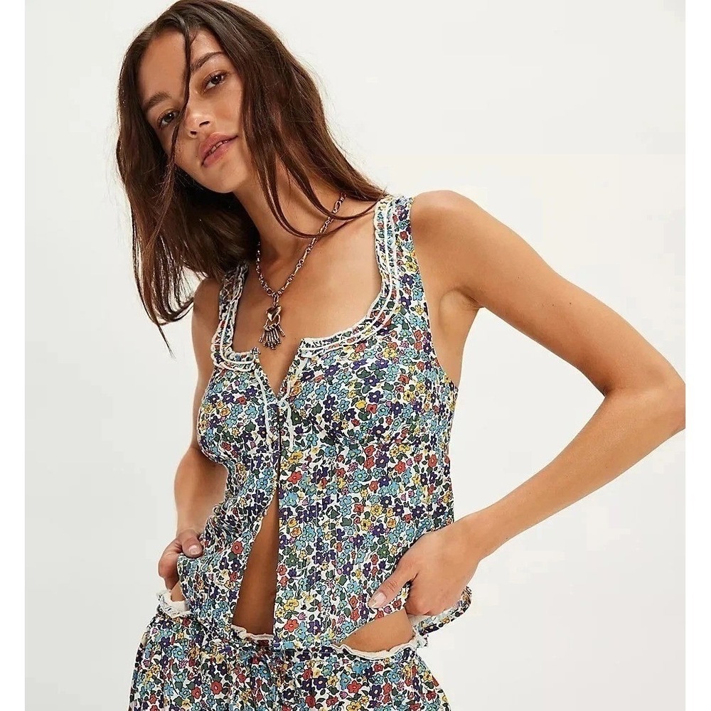 Free People Medium "Ellia" Printed Floral Smocked Ruffle Blouse Top in Blue